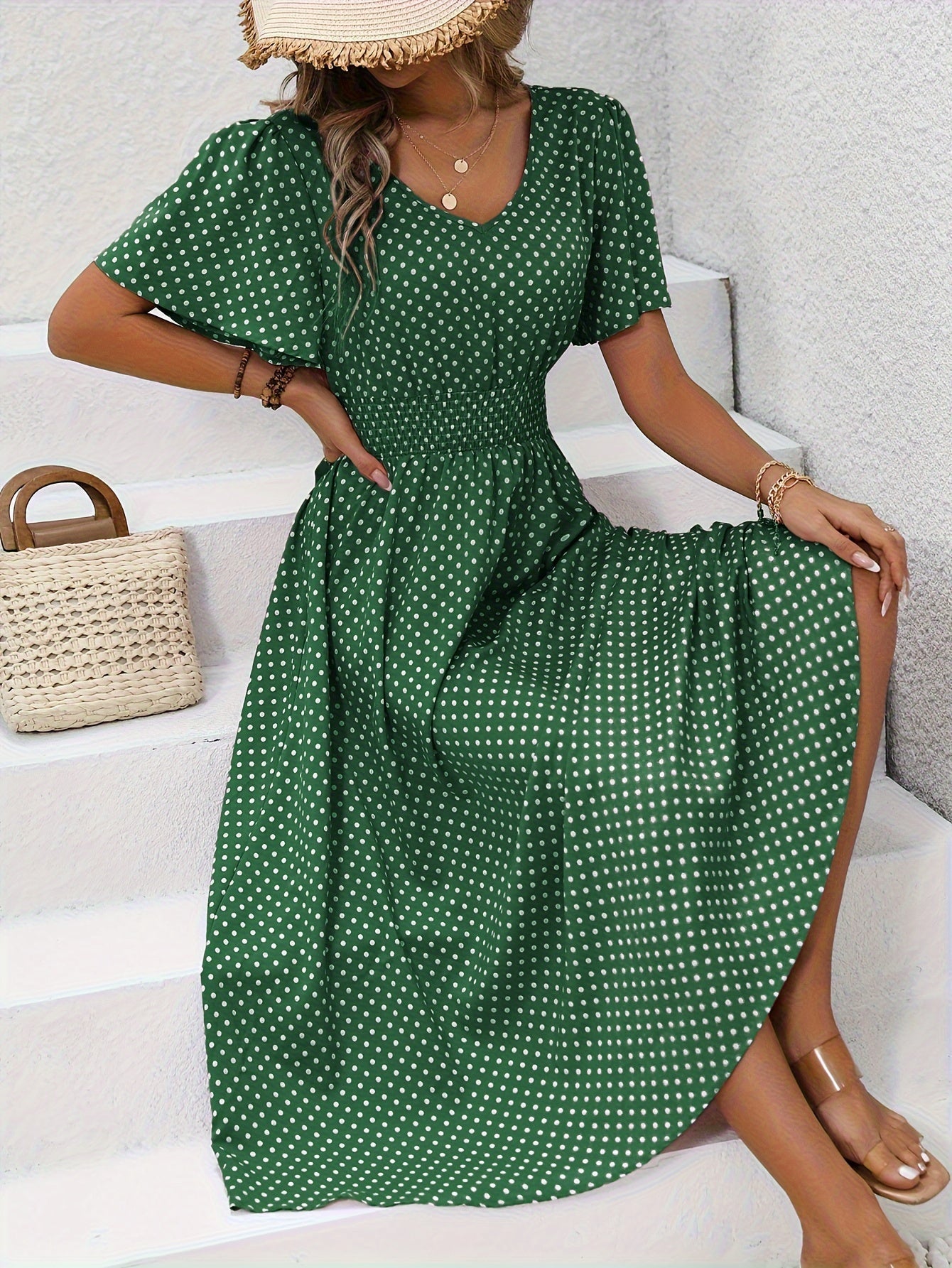 MAEVA | Robe midi chic à pois roses