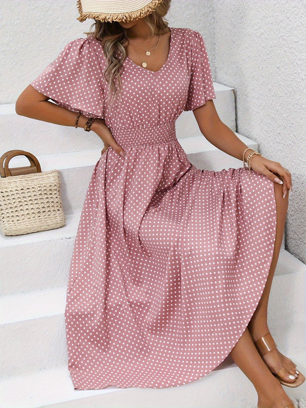 MAEVA | Robe midi chic à pois roses