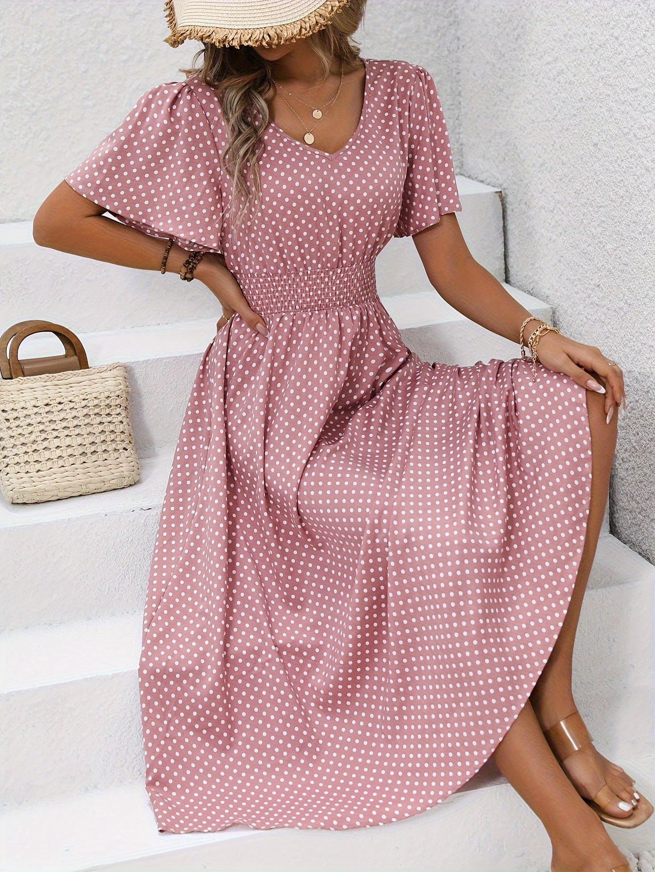 MAEVA | Robe midi chic à pois roses