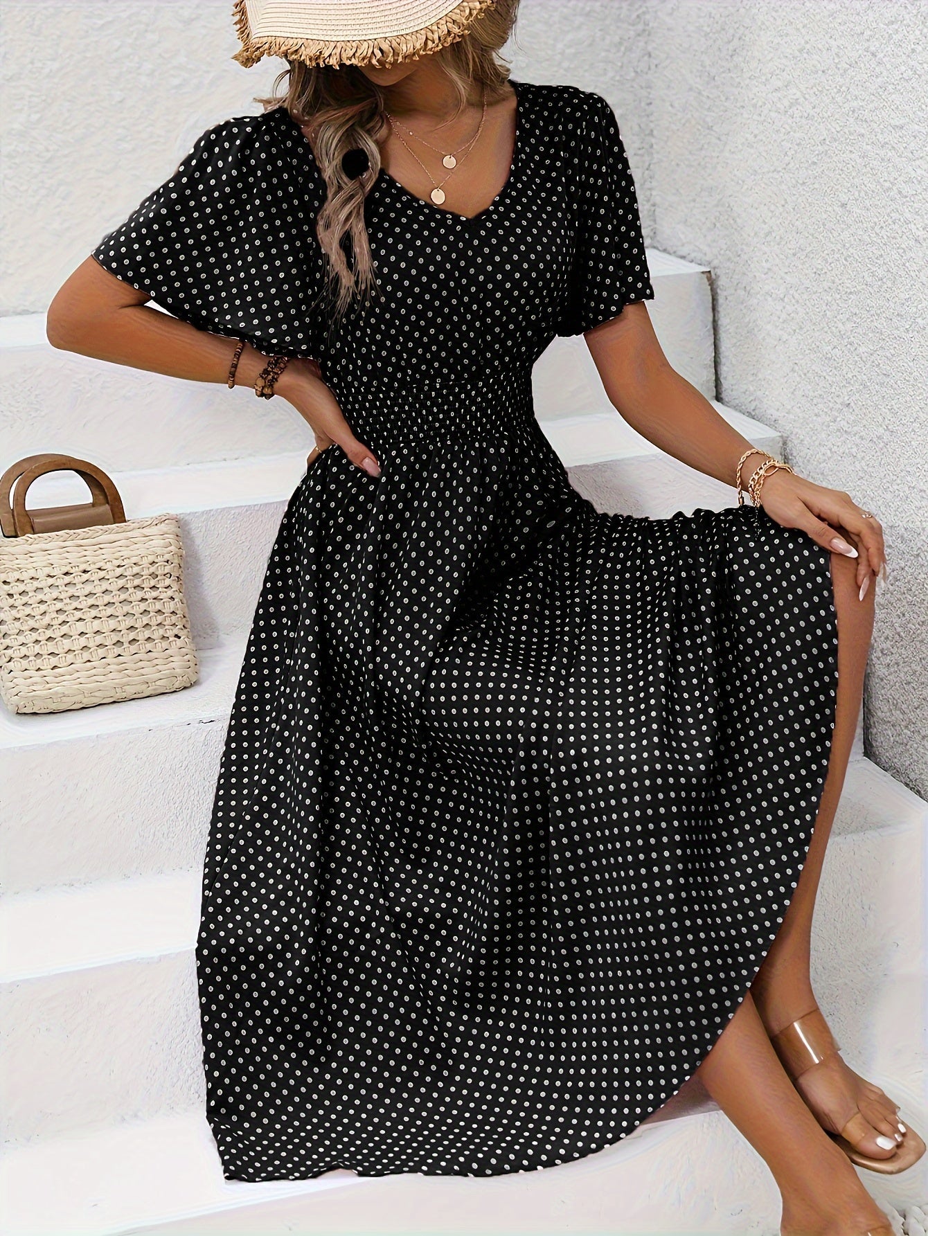 MAEVA | Robe midi chic à pois roses
