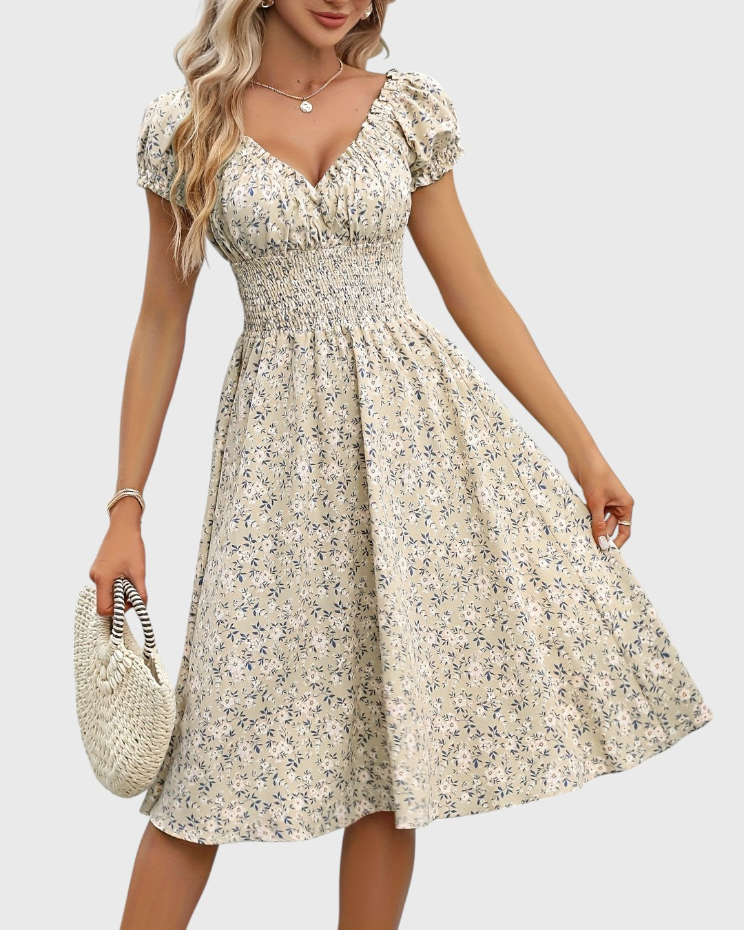 BRITINA™ | Blommig midiklänning med puffärmar och V-ringning