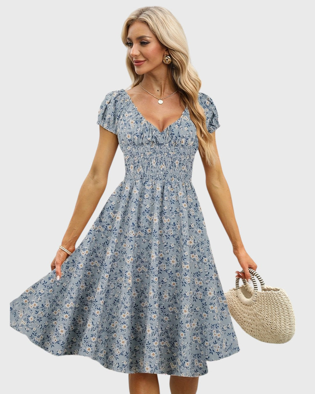 BRITINA™ | Blommig midiklänning med puffärmar och V-ringning