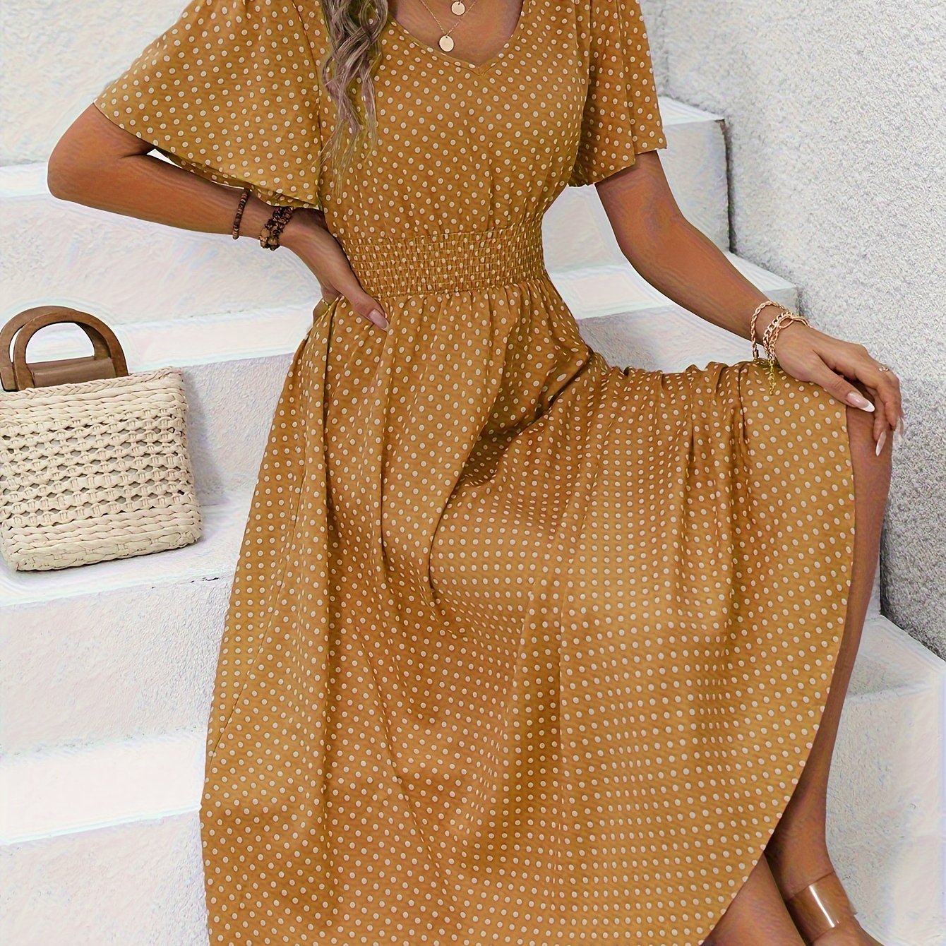 MAEVA | Robe midi chic à pois roses