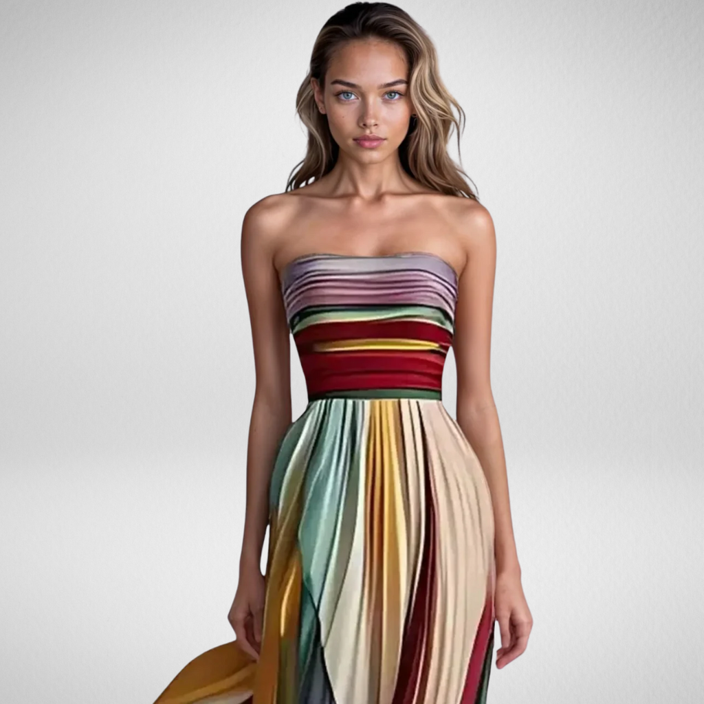 LIV | Färgstark strapless klänning