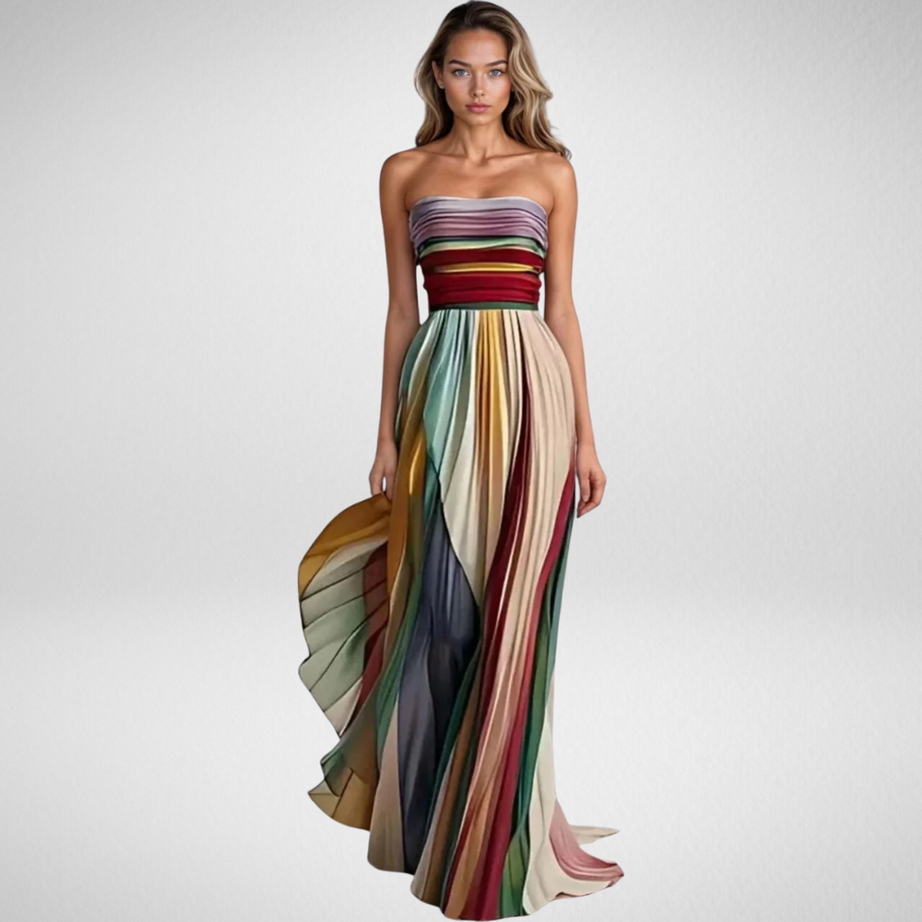 LIV | Färgstark strapless klänning