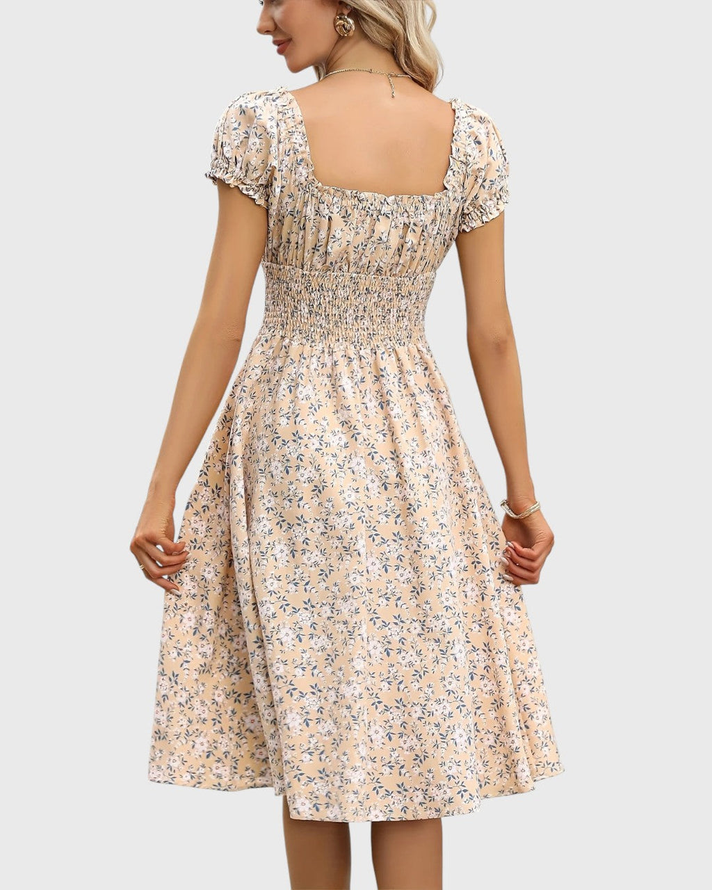 BRITINA™ | Blommig midiklänning med puffärmar och V-ringning