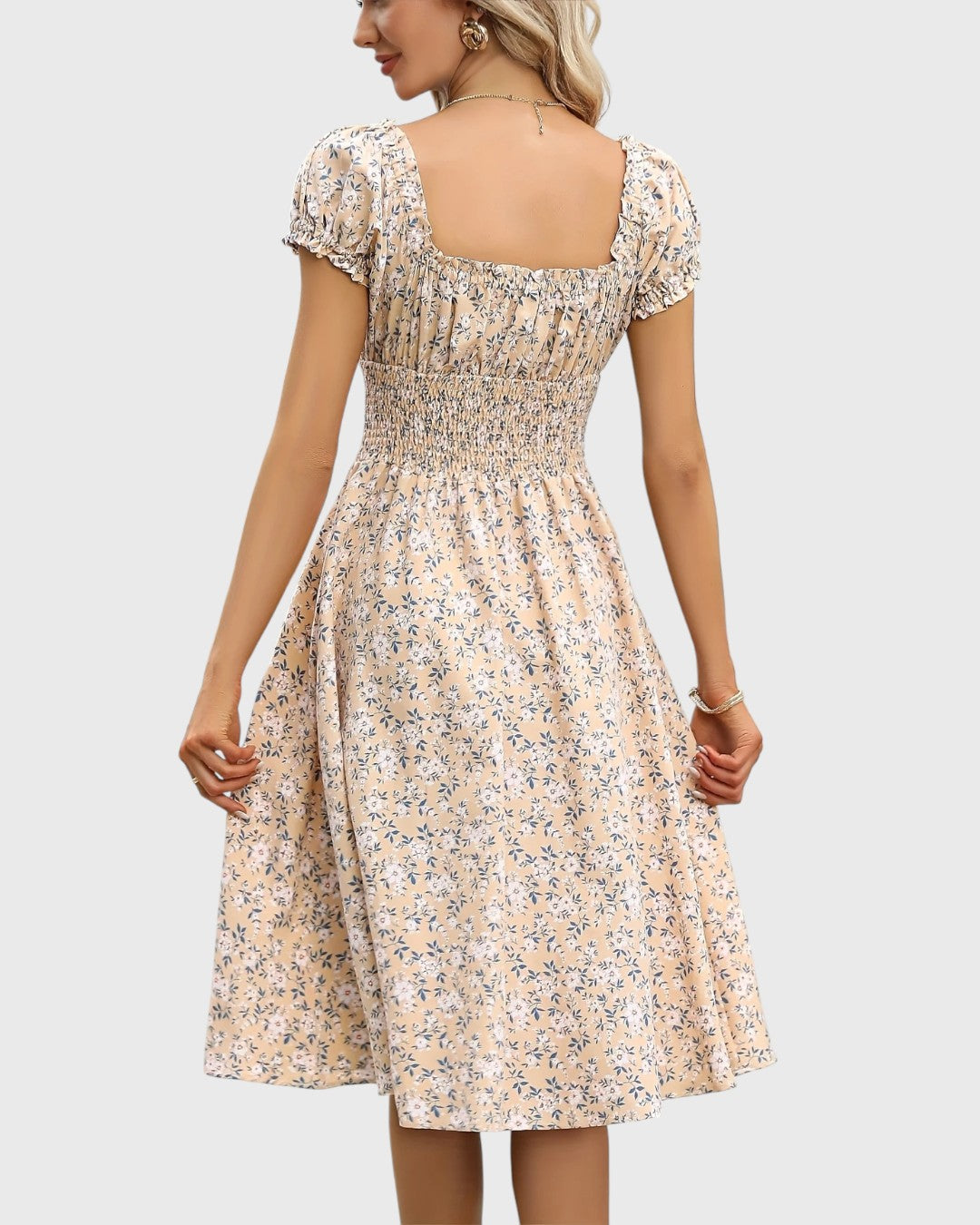 BRITINA™ | Blommig midiklänning med puffärmar och V-ringning