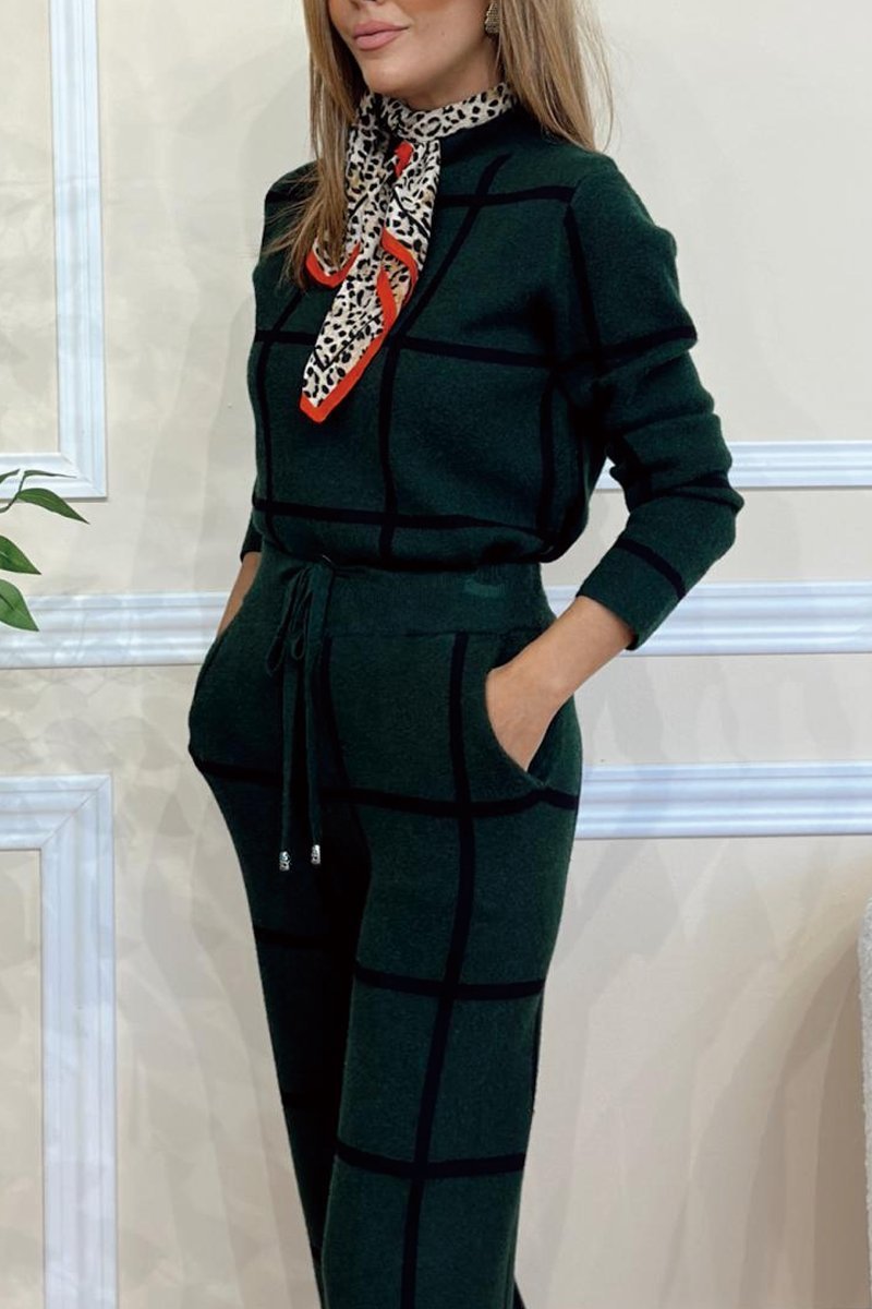 CARLA™ | Dam Kontrast Rutigt Stickat Set