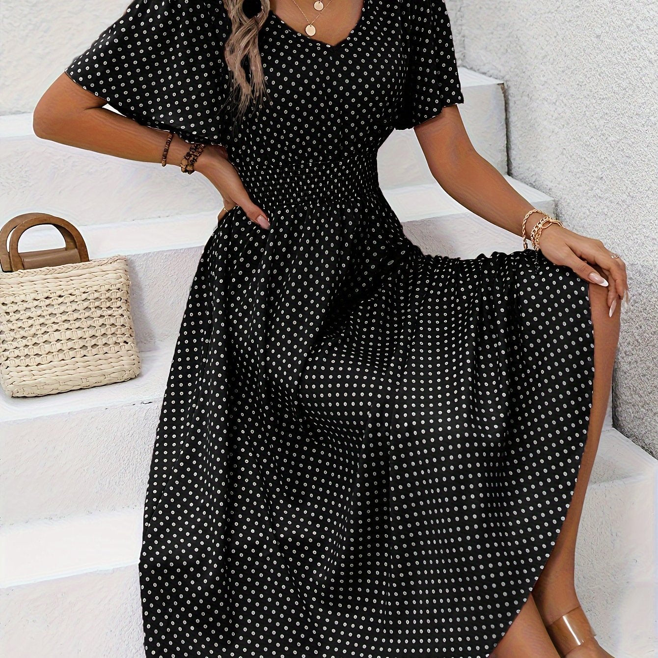 MAEVA | Robe midi chic à pois roses