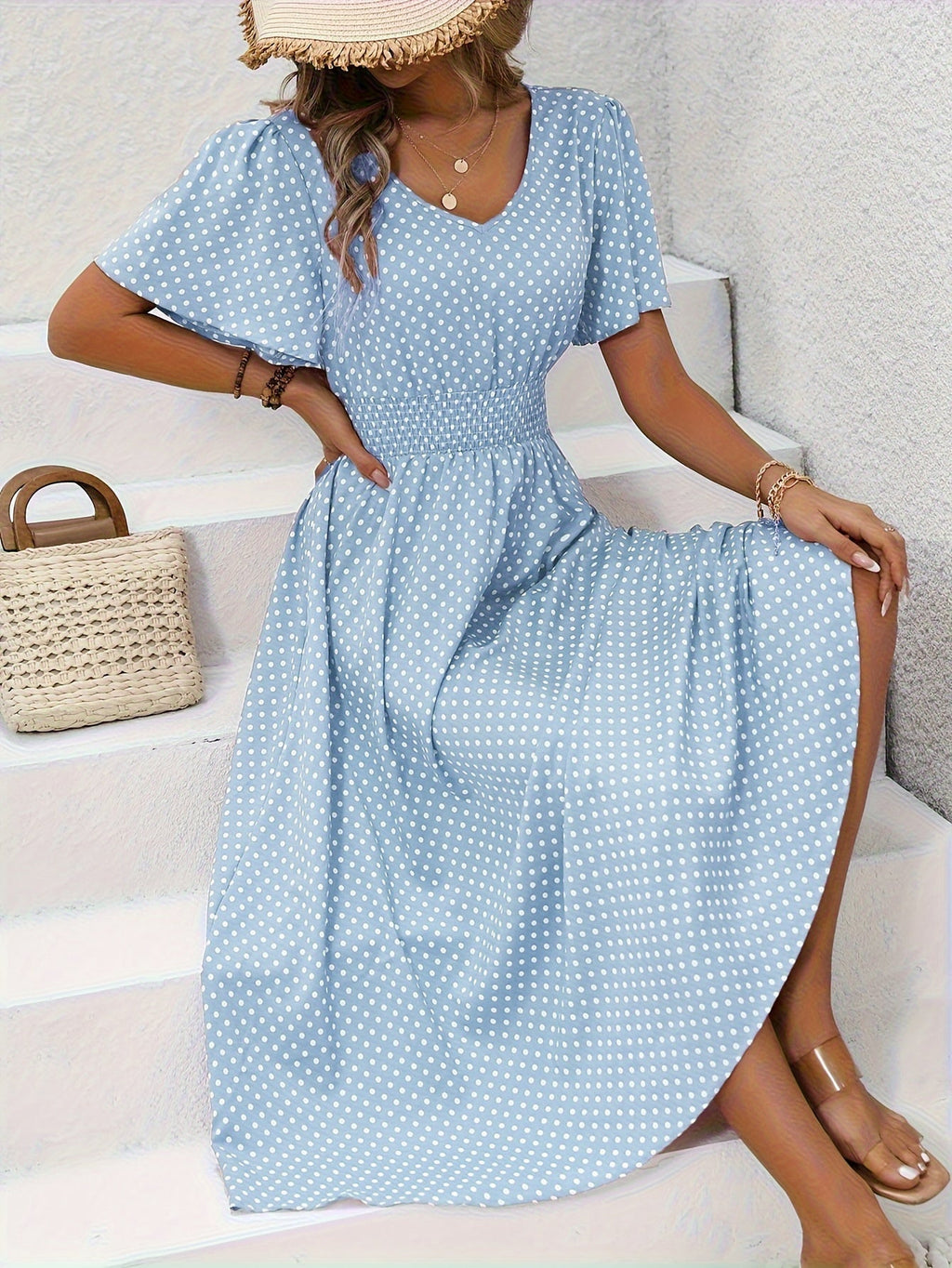 MAEVA | Robe midi chic à pois roses