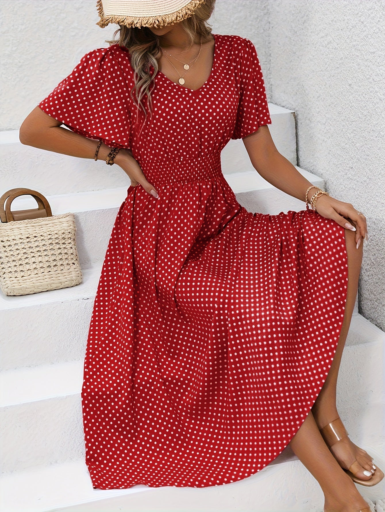 MAEVA | Robe midi chic à pois roses