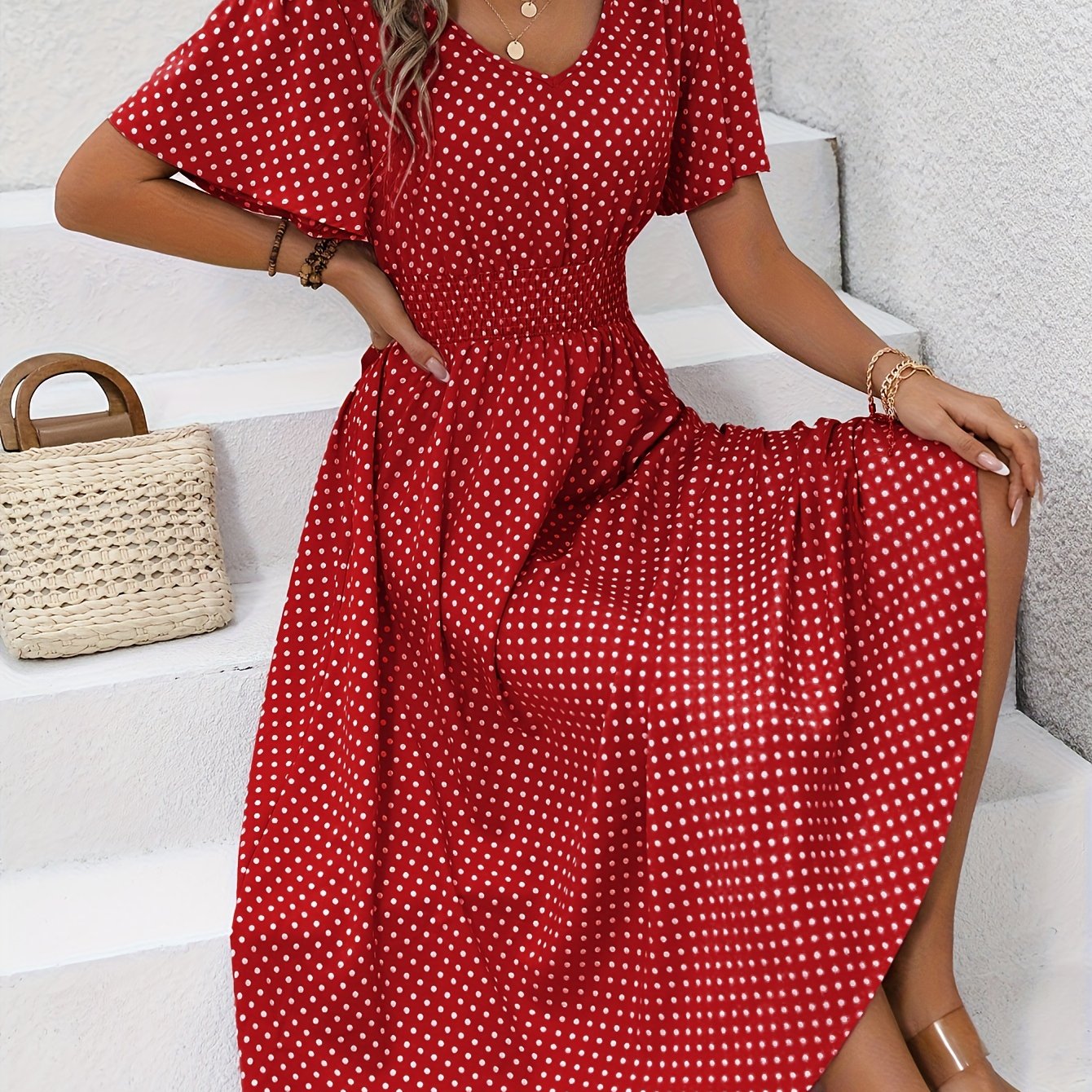 MAEVA | Robe midi chic à pois roses